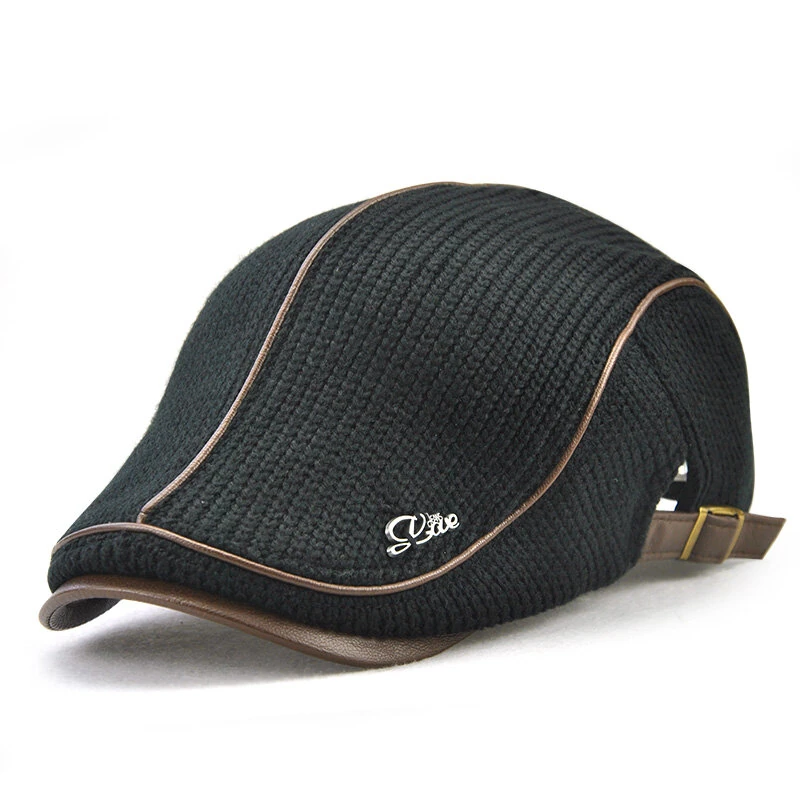 Collrown Knitted Berets Patchwork Leather Brim Men Flat Cap Retro Visor Hat Autumn Winter Warmer Casual Crochet Hat Forward Cap (image for) Collrown Knitted Berets Patchwork Leather Brim Men Flat Cap Retro Visor Hat Autumn Winter Warmer Casual Crochet Hat Forward Cap